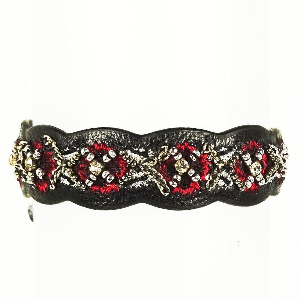REBECCA MINKOFF Black Leather Embroidered Seed Beads Bangle Bracelet